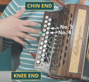 Know what type of melodeon you have: A photo of the melodeon right hand marked up with chin end, knee end and button 3 and 4 on the keyboard
